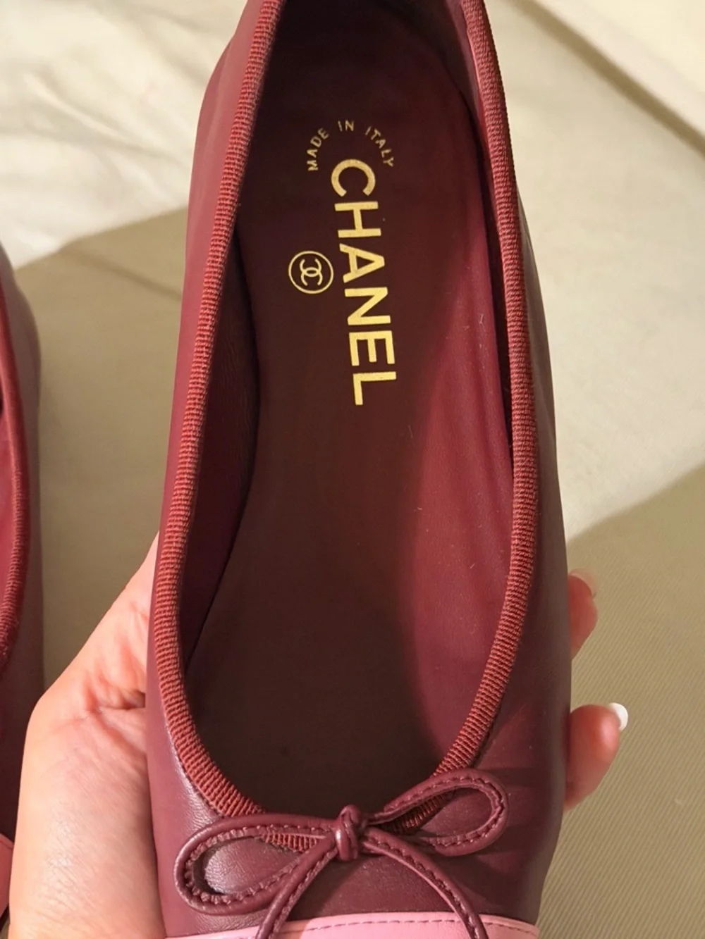 Chanel Two-Tone Pink & Burgundy Cap-Toe Ballet Flats - Picture 3 of 10